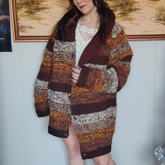 Handknit Brown Wool Cardigan Knit XXL Mens Oversized OOAK Striped Sweater 2XL - Picture 6 of 11